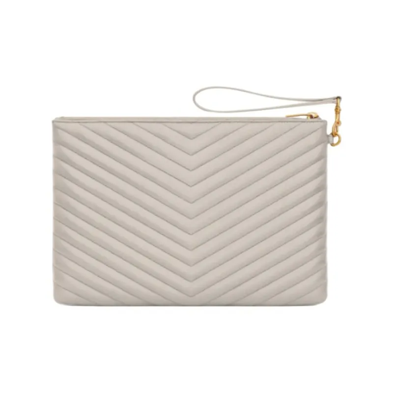 SAINT LAURENT Quilted Leather Tablet Bag Clutch Women's White-1