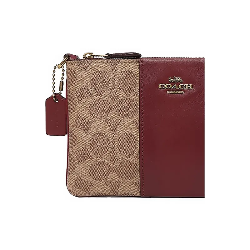 COACH Wristlet Canvas With Leather Clutch Small Size Women's Dark Red Color Scheme-4
