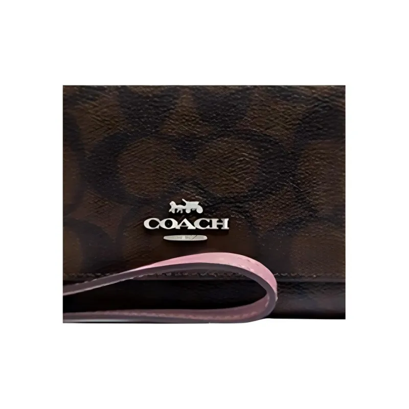 COACH Canvas With Leather Clutch Wallet Cell Phone Pouch, Clutch Trumpets Women's Brown & Rose Pink-2