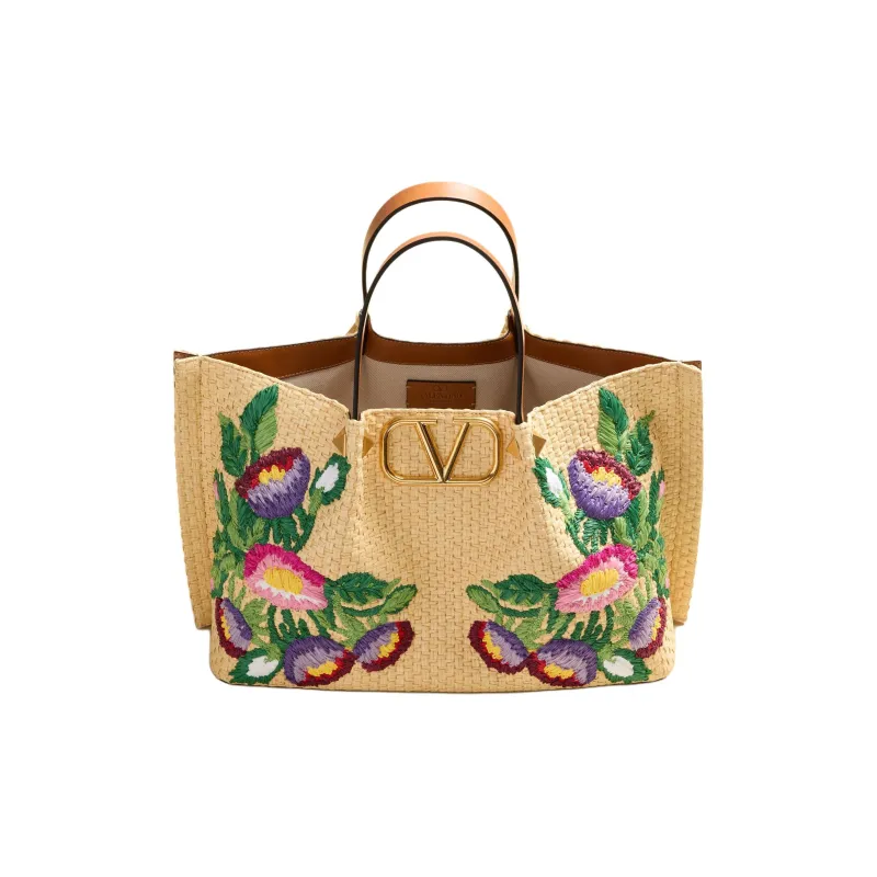 Valentino Raffia Tote Bag, Shopping Bag, Shoulder Bag, Handbag Medium Size Women's Natural & Multicolor-4