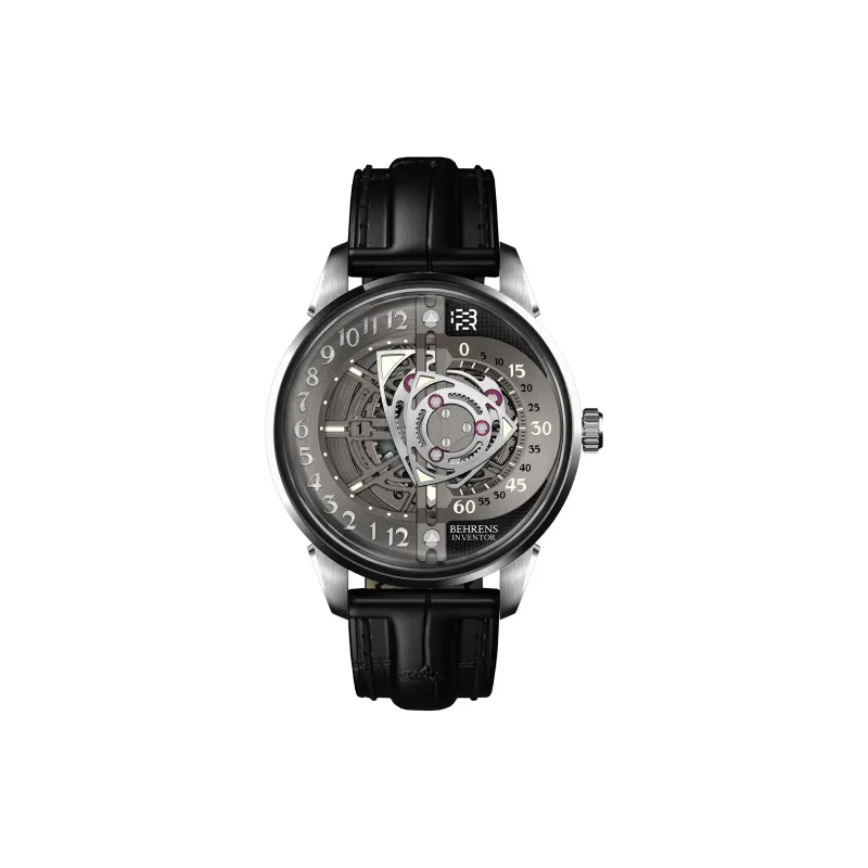 BEHRENS Creative Home Collection Gear Automatic Mechanical Movement Genuine Leather Strap Watch Unisex Gray Dial-0