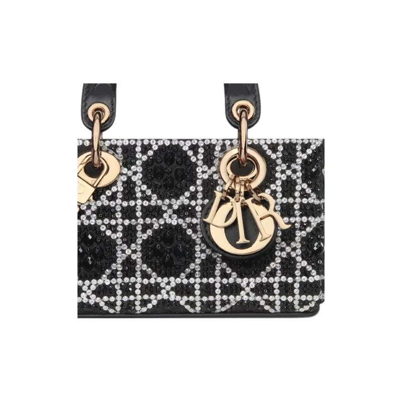 DIOR Lady D Joy Cotton One Shoulder Handbag Mini Women's Black-6