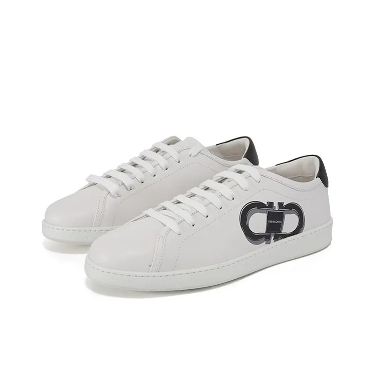 FERRAGAMO Low Top Skateboard Shoes Men's White Black Heel Tab-3