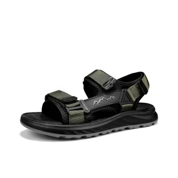QIUTEXIONG Summer Breathable Men's Shoes Adjustable Buckle, Hook and Loop Slippers Black Green/Sand