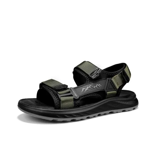 QIUTEXIONG Summer Breathable Men's Shoes Adjustable Buckle, Hook and Loop Slippers Black Green/Sand