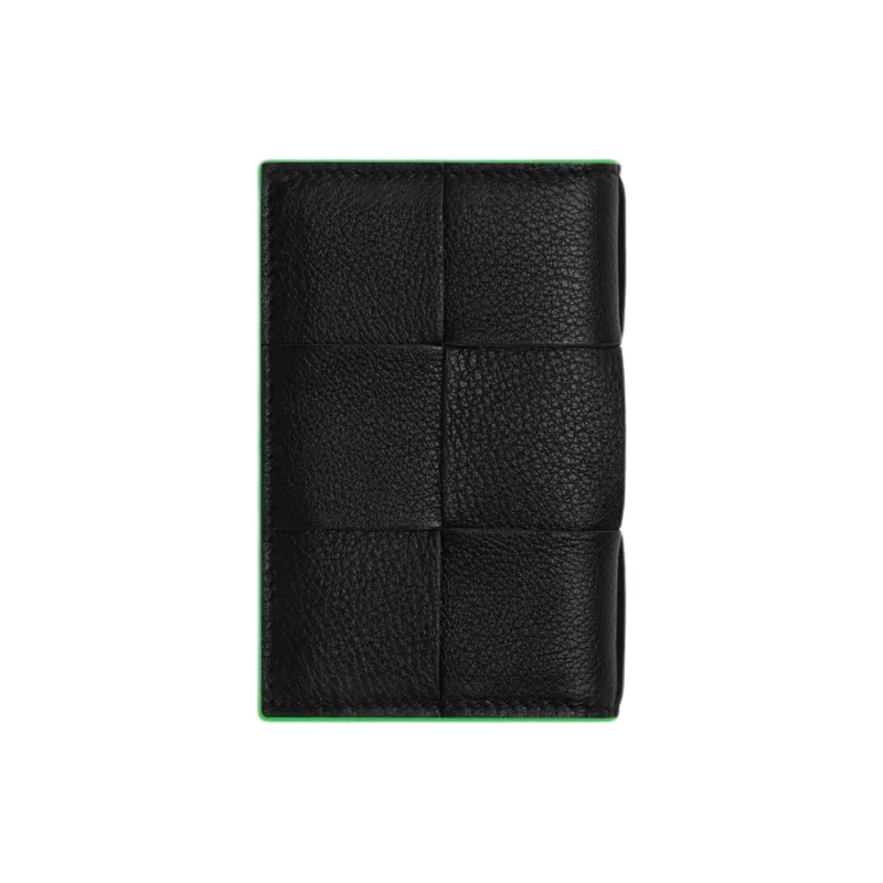 Bottega Veneta CASSETTE Cow Leather Card Holder Men's Black & Parrot Green-2