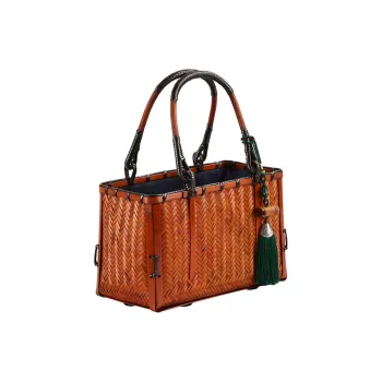 Boniu Linen Patchwork With Bamboo Handbag Regular Unisex Brown