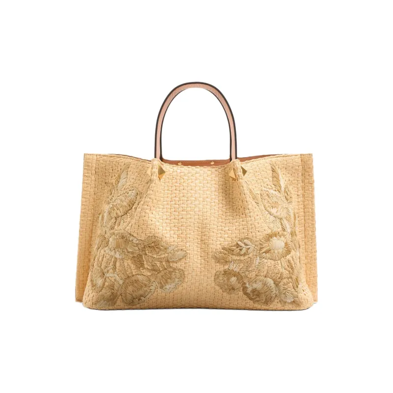 Valentino Raffia Tote Bag, Shopping Bag, Shoulder Bag, Handbag Medium Size Women's Natural-3