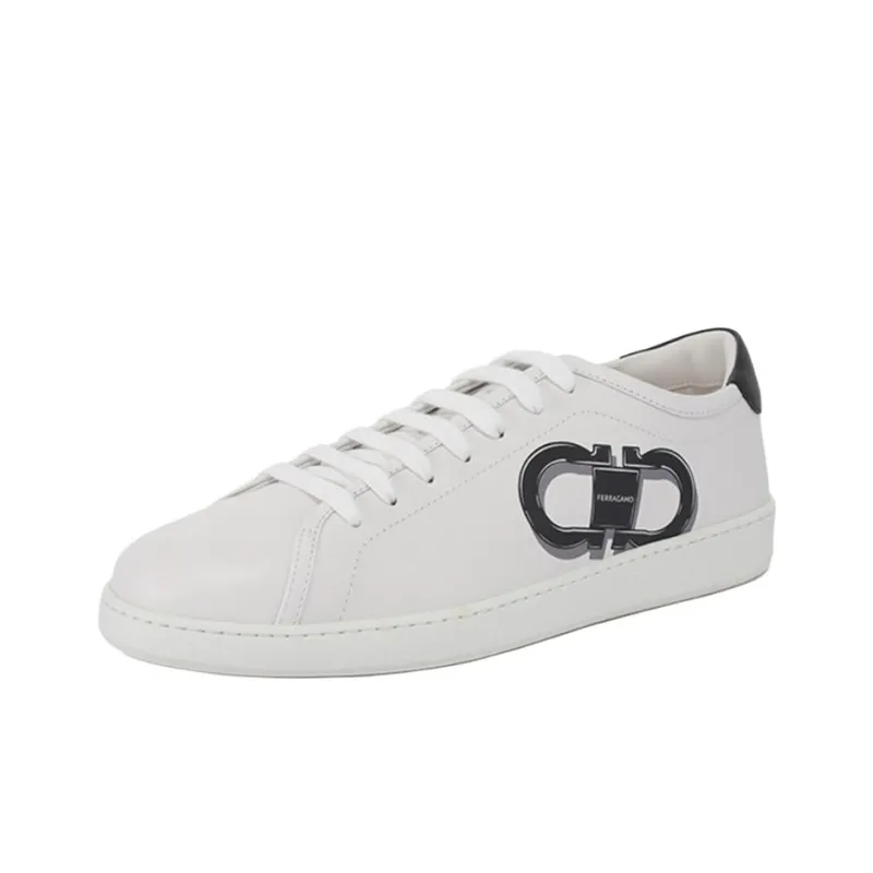 FERRAGAMO Low Top Skateboard Shoes Men's White Black Heel Tab-0