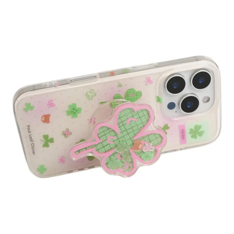 Sopi Acrylic Material Four Leaf Clover Bear Stand Phone Cases Compatible With IPhone 16/15 Pro Max/Apple 13/14 Pro/Max-3