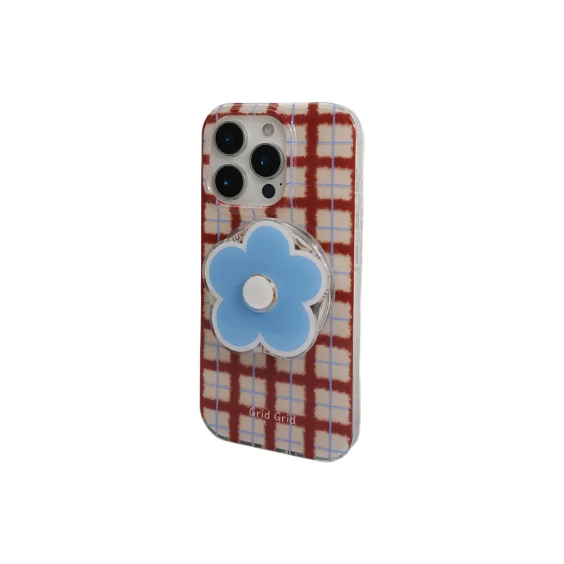 Sopi Acrylic Material Brown Red Plaid Floral Stand Phone Cases Compatible With IPhone 16/15 Pro Max/Apple 13/14 Pro/Max-2