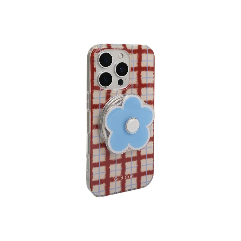 Sopi Acrylic Material Brown Red Plaid Floral Stand Phone Cases Compatible With IPhone 16/15 Pro Max/Apple 13/14 Pro/Max-1