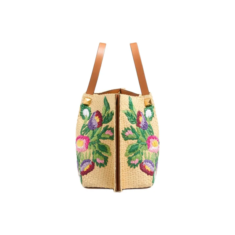 Valentino Raffia Tote Bag, Shopping Bag, Shoulder Bag, Handbag Medium Size Women's Natural & Multicolor-2