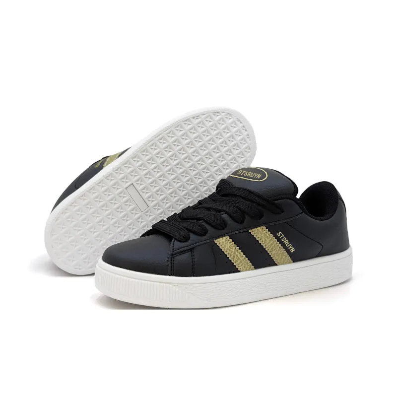 XIANGSU Trendy Versatile Classic Vintage Low-Top Skateboard Shoes Black Gold-3