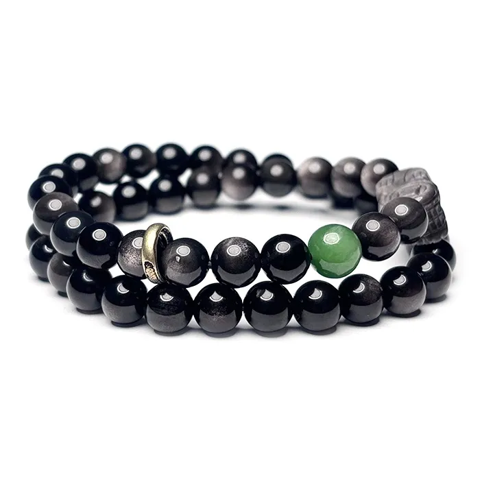 MOUNTAINS AND MANS Obsidian New Chinese Style Wealth Good Luck Stacking Beaded Bracelet Unisex-1