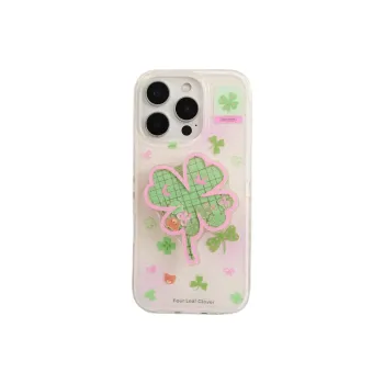 Sopi Acrylic Material Four Leaf Clover Bear Stand Phone Cases Compatible With IPhone 16/15 Pro Max/Apple 13/14 Pro/Max