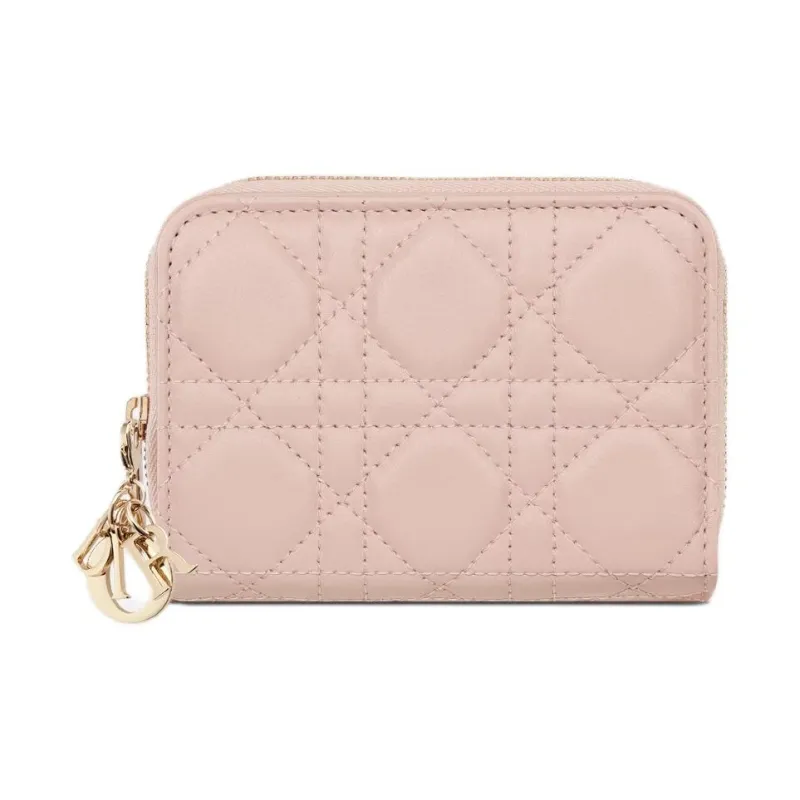 DIOR Lady Dior Wicker Pattern Lambskin Wallet Women's Pink Beige-2