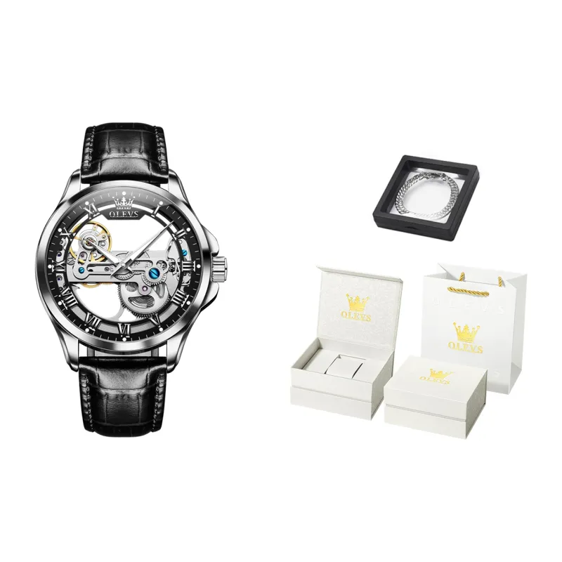 OLEVS Mechanical Movement Leather Watch Bands Watch Men's Watches White Dial-20
