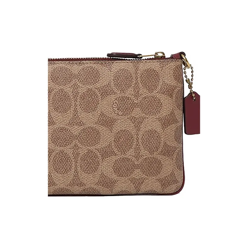 COACH Wristlet Canvas With Leather Clutch Small Size Women's Dark Red Color Scheme-3