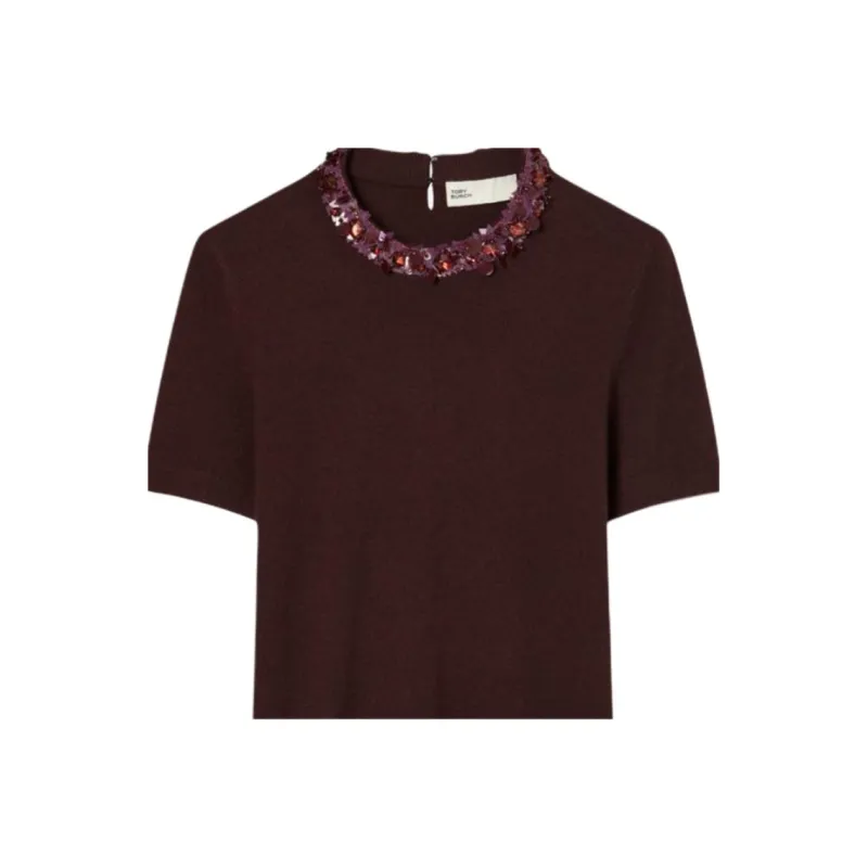 TORY BURCH Embroidered neckline T shirt-4