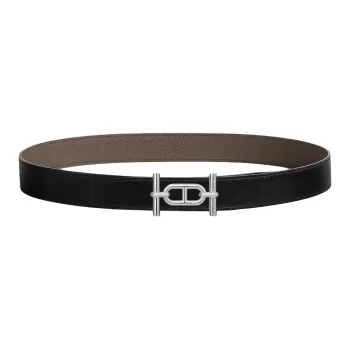 HERMES Palladium Plated Metal With Calfskin Leather Belts Men's Black 3.2CM
