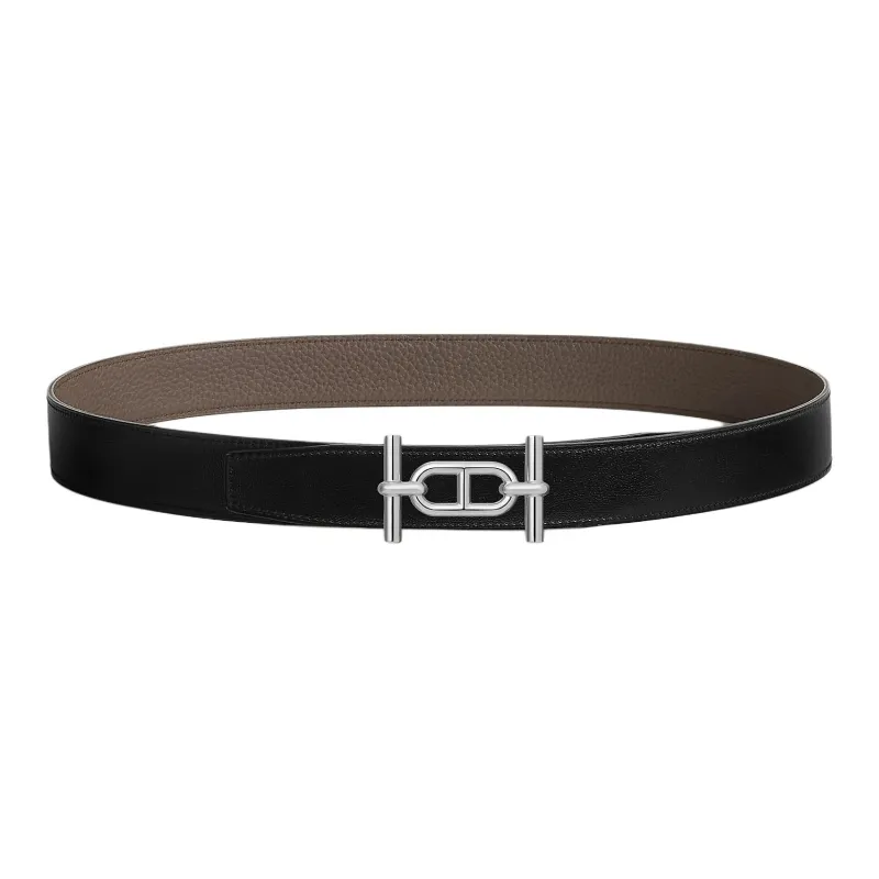 HERMES Palladium Plated Metal With Calfskin Leather Belts Men's Black 3.2CM-0