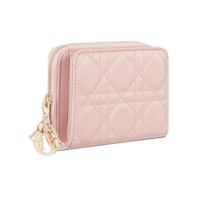 DIOR Lady Dior Wicker Pattern Lambskin Wallet Women's Pink Beige-1