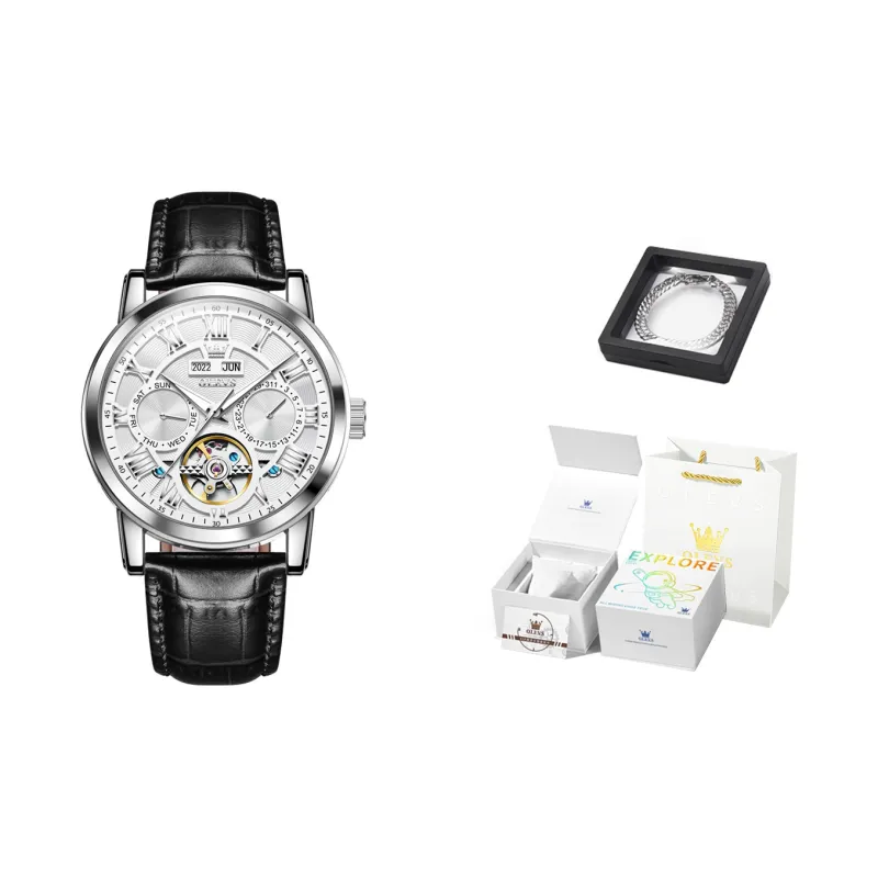 OLEVS Play The Cool Series Automatic Mechanical Movement Leather Strap Watch Men's Watches White Dial-11