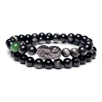 MOUNTAINS AND MANS Obsidian New Chinese Style Wealth Good Luck Stacking Beaded Bracelet Unisex