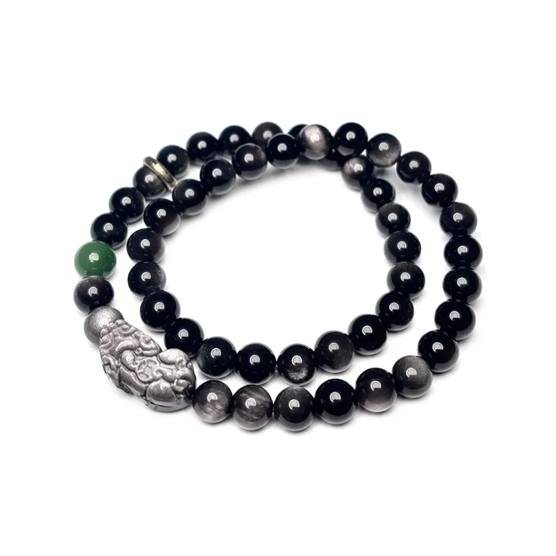 MOUNTAINS AND MANS Obsidian New Chinese Style Wealth Good Luck Stacking Beaded Bracelet Unisex-3