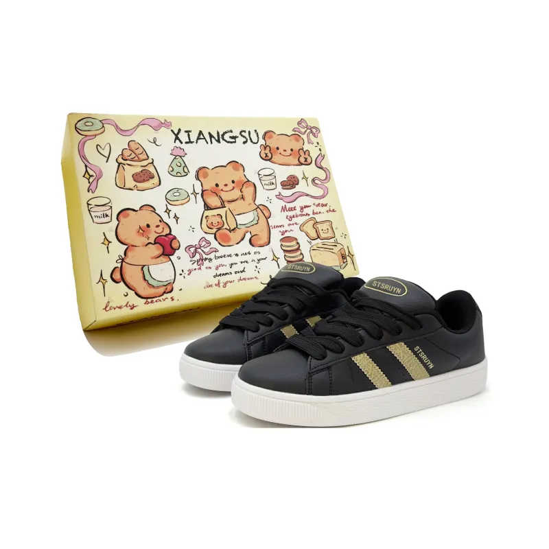 XIANGSU Trendy Versatile Classic Vintage Low-Top Skateboard Shoes Black Gold-5