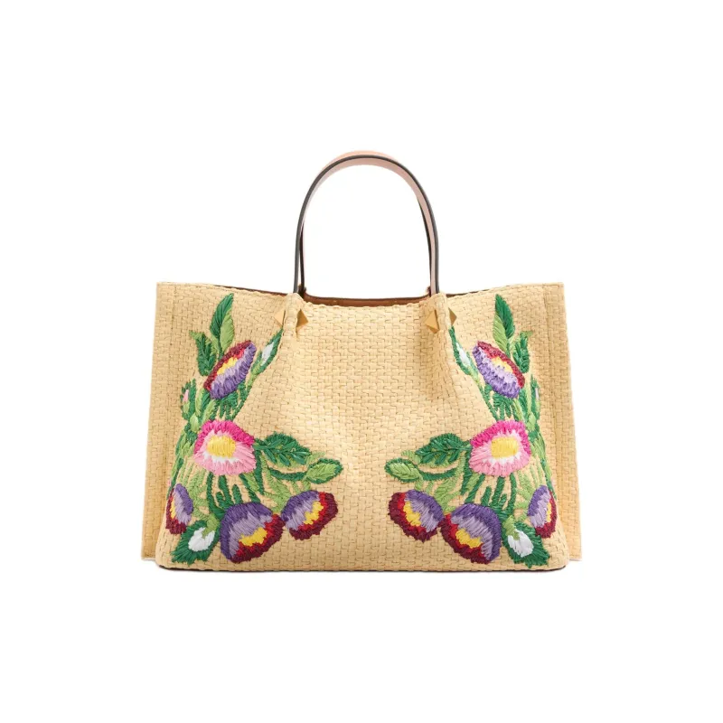 Valentino Raffia Tote Bag, Shopping Bag, Shoulder Bag, Handbag Medium Size Women's Natural & Multicolor-3