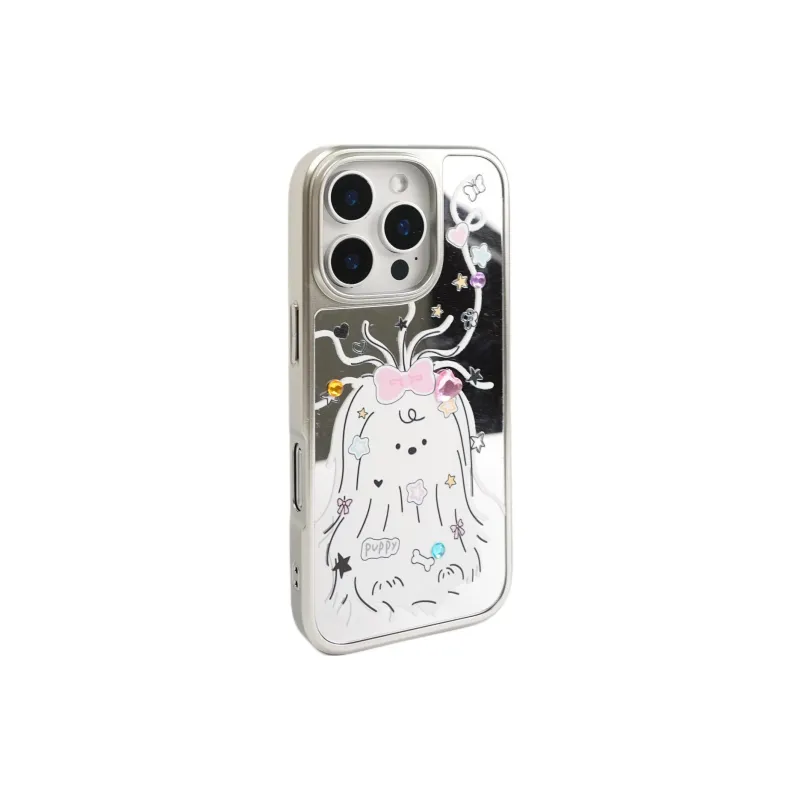 Sopi Acrylic Material Mirror Lined Scribbled Puppy Phone Cases Compatible With IPhone 16/15 Pro Max/Apple 13/14 Pro/Max-0