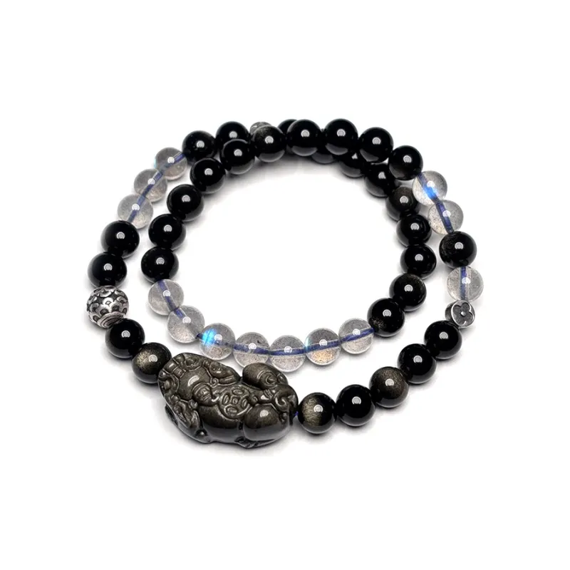 MOUNTAINS AND MANS Obsidian New Chinese Style Stackable Good Luck Beaded Bracelet Unisex-3