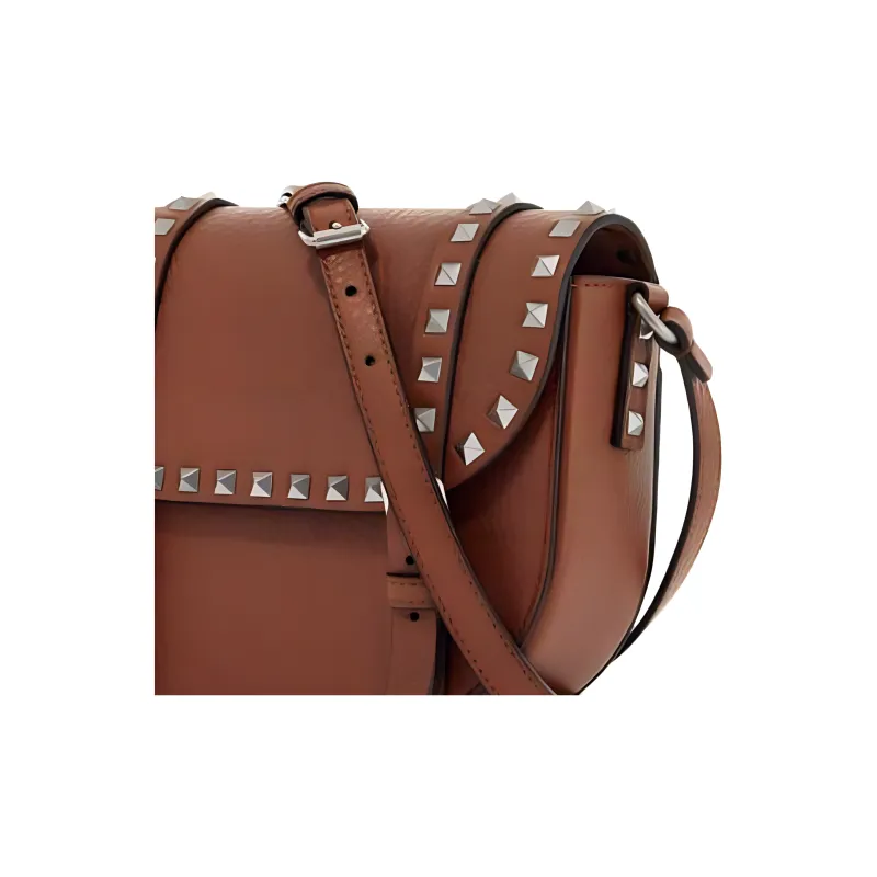 Valentino Rockstud Grained Calfskin Messenger Bag Crossbody Bag Shoulder Bag Small Size Women's Brown-4