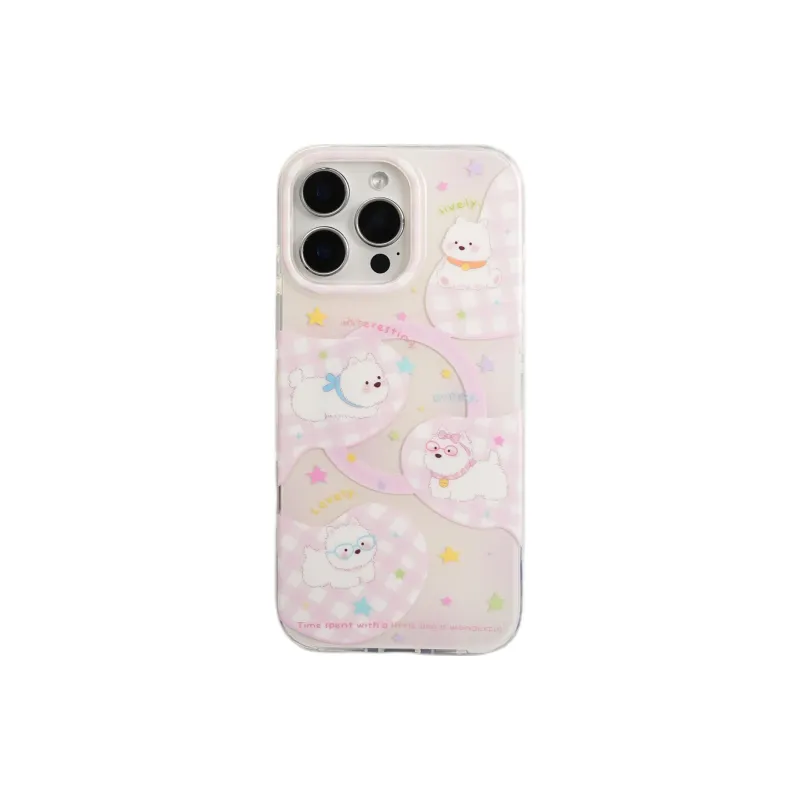 Sopi Acrylic Material Pink Plaid Star Puppy Phone Cases Compatible With IPhone 16/15 Pro Max/Apple 13/14 Pro/Max-4