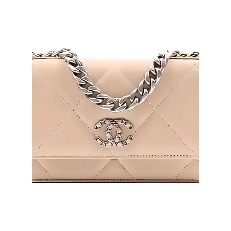 CHANEL 19BagWOC Lambskin And Metal Prosperity Bag With Zipper Small Square Bag Shoulder Bag Crossbody Bag Women's Beige-2