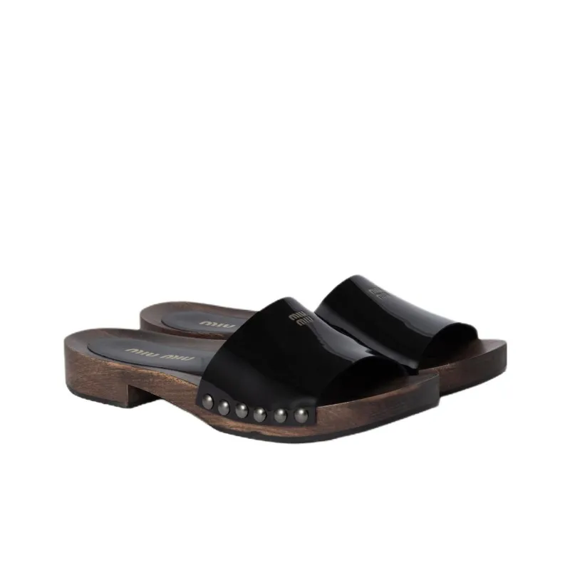 MIU MIU Cork Sole Slip Resistant Slide Slippers Women's Black-2