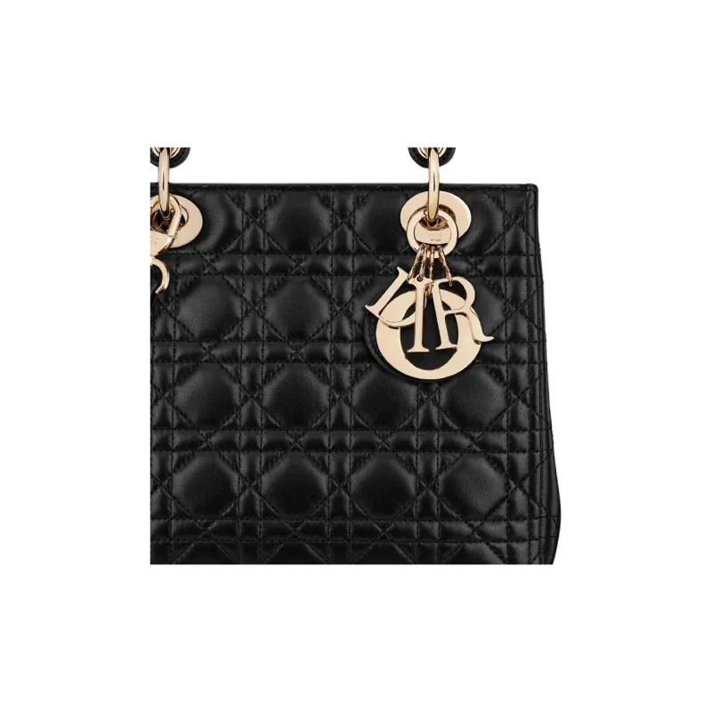 DIOR Lady Dior Sheepskin One Shoulder Handbags Medium Size Women's Black-5