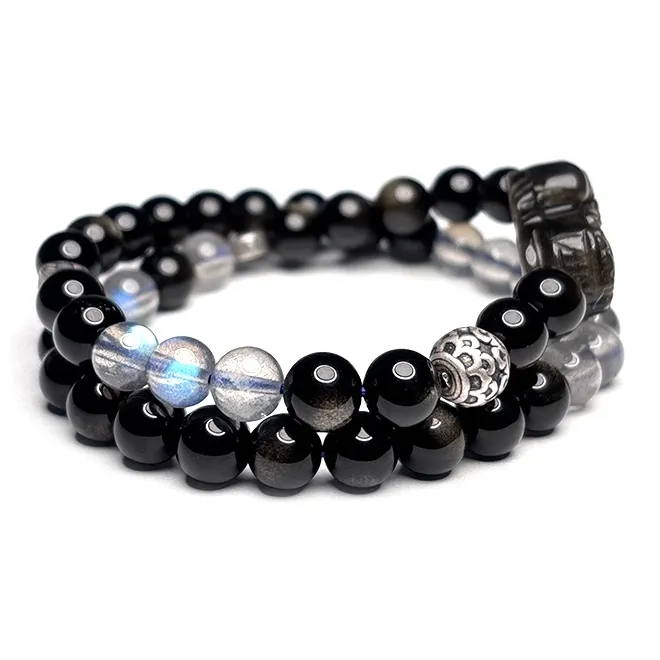 MOUNTAINS AND MANS Obsidian New Chinese Style Stackable Good Luck Beaded Bracelet Unisex-1