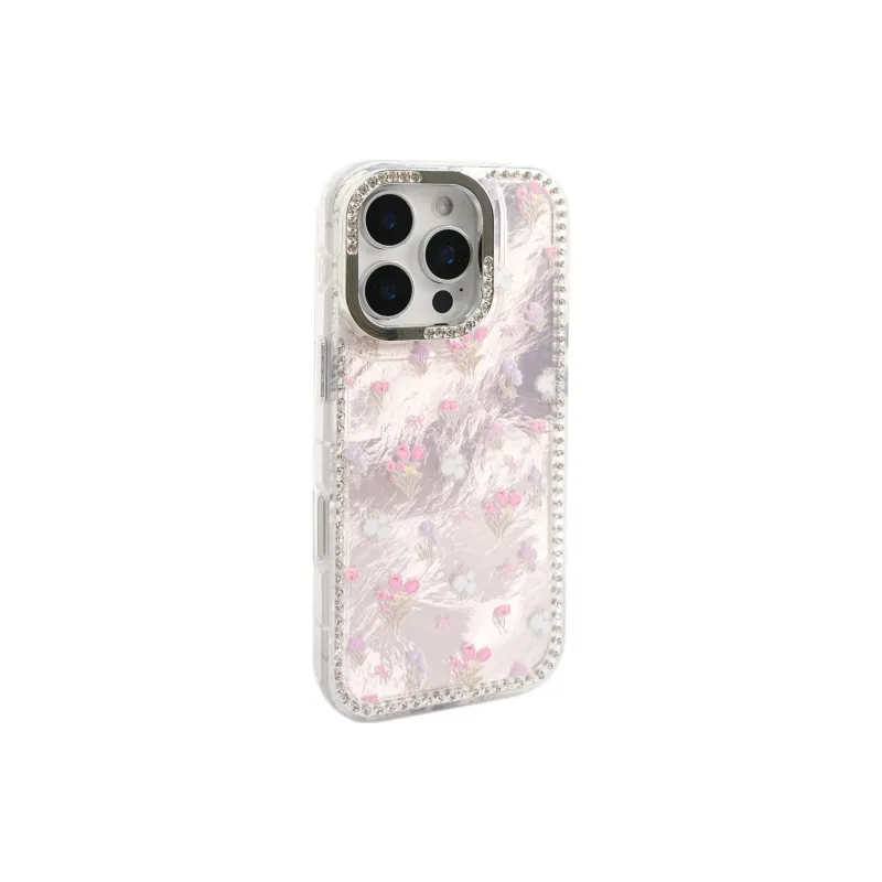 Sopi Acrylic Material Pink Base Tin Foil Floral Phone Cases Compatible With IPhone 16/15 Pro Max/Apple 13/14 Pro/Max-2
