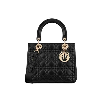 DIOR Lady Dior Sheepskin One Shoulder Handbags Medium Size Women's Black