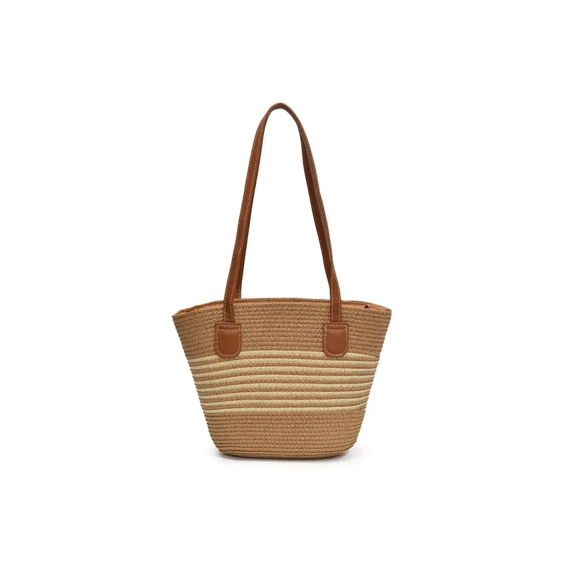 Single Warehouse PU With Straw Woven Shoulder Bag Regular Women's Ecru/Khaki/Khaki & Black-5