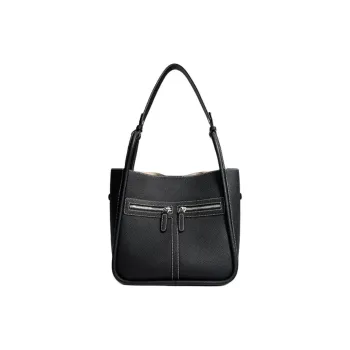 H YXIANG Top Grain Cow Leather Bucket Bag, Shoulder Bag Women's Black/Dove Gray