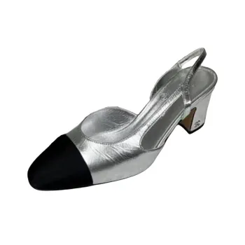 CHANEL 25S Chunky Heel High Heels Women's Silver