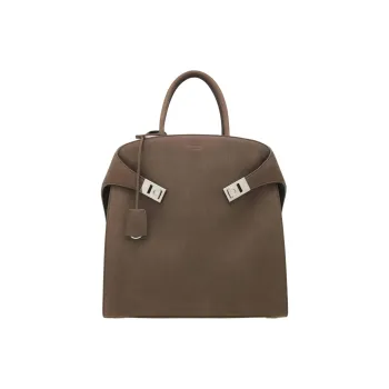 FERRAGAMO Hug Calfskin Tote Bag, Shopping Bag, Handbag Men's Cement