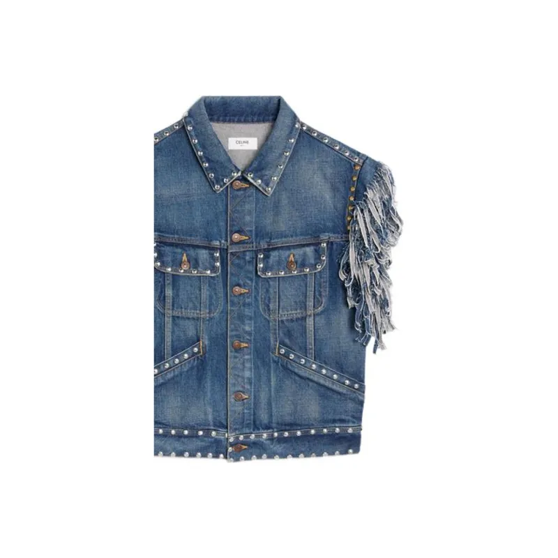 CELINE Stud Embellished Sleeveless Denim Vest-3