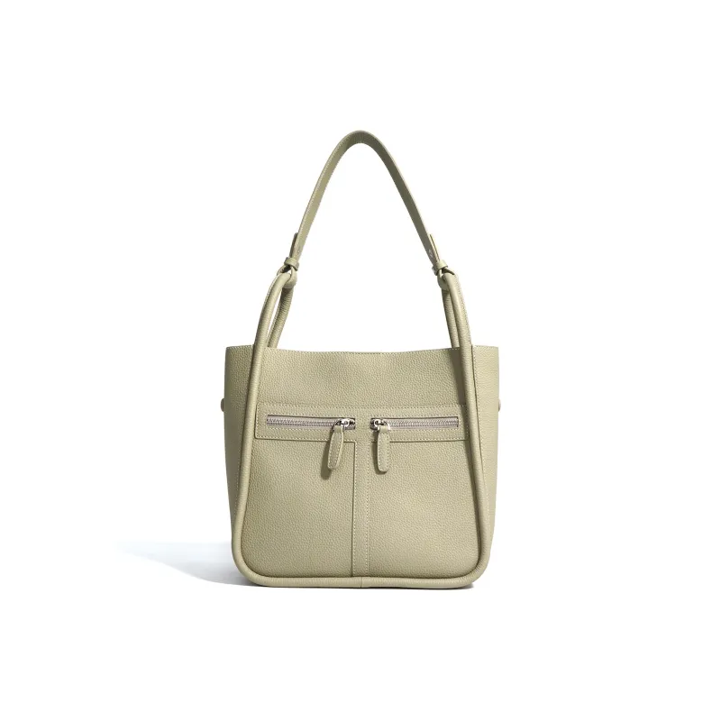 H YXIANG Top Grain Cow Leather Bucket Bag, Shoulder Bag Women's Black/Dove Gray-6