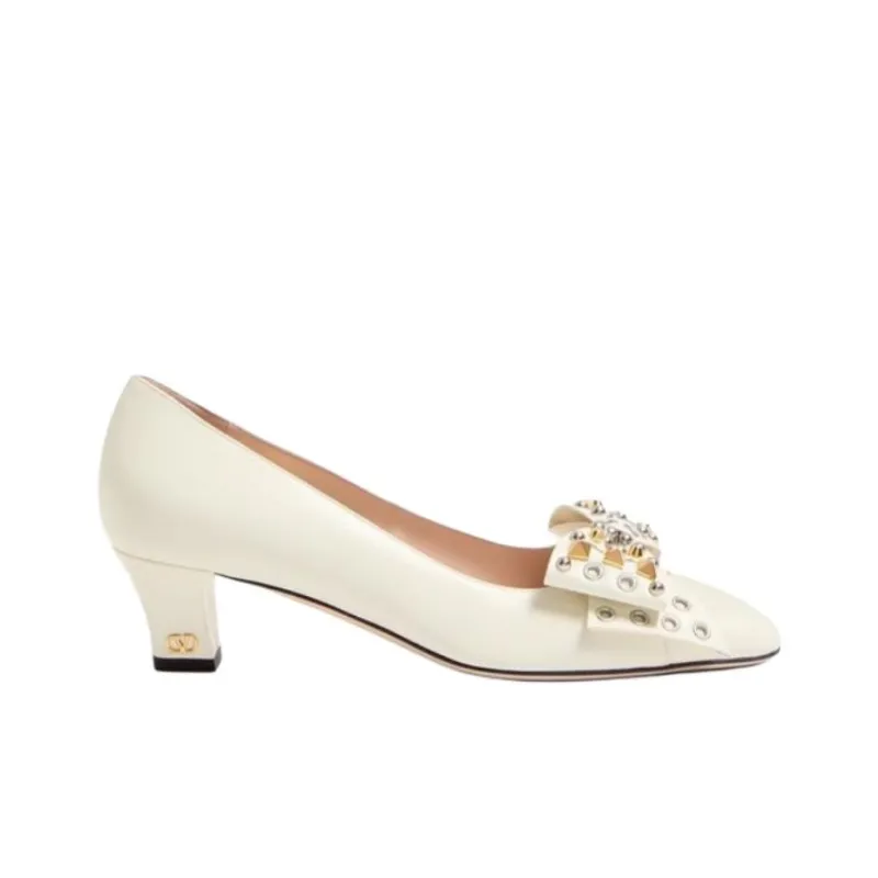 Valentino BOWOW Chunky Heel High Heels 4.5cm Women's Ivory White-1