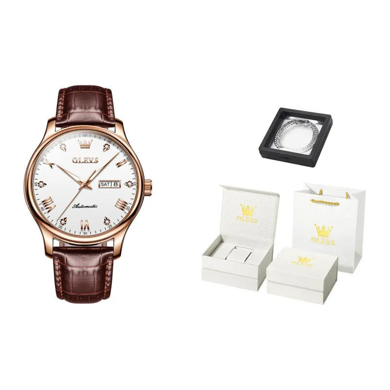 OLEVS Automatic Mechanical Movement Leather Strap Watch Men's Watches White Dial-0